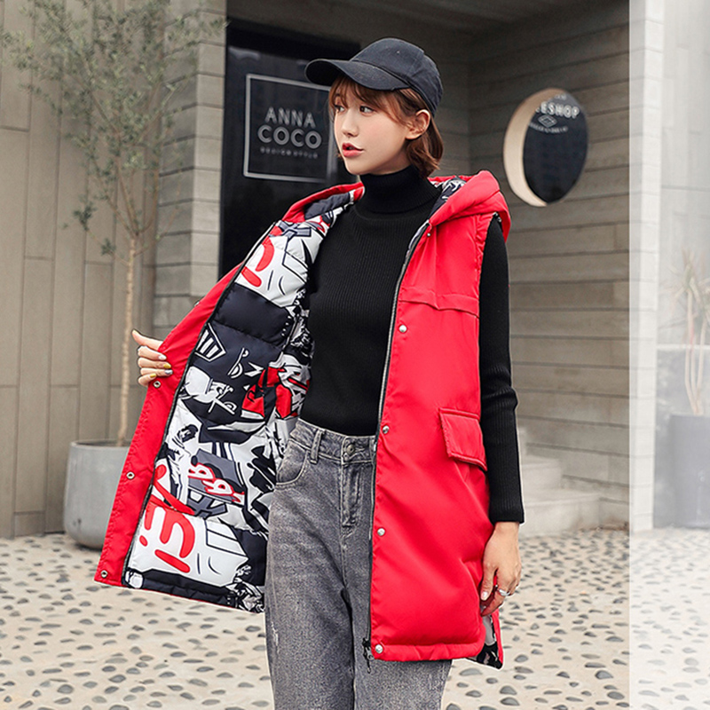 Hai mặt mặc trùm đầu vest mùa thu / mùa đông mới của Hàn Quốc phiên bản lỏng lẻo sinh viên bf cô gái vừa chiều dài áo khoác trùm đầu tay của phụ nữ