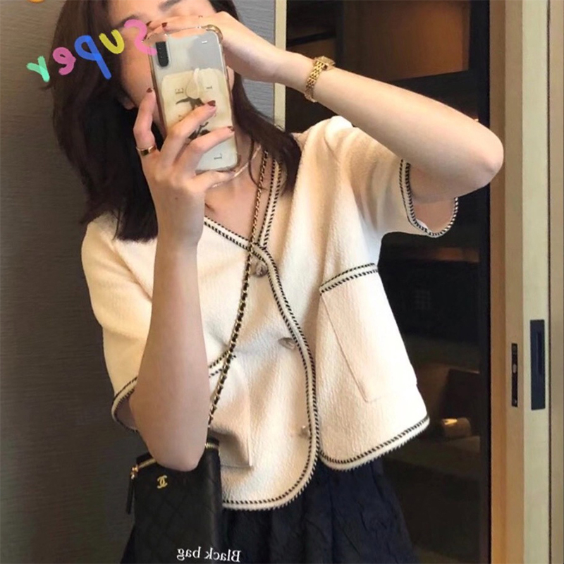 White shirt short-sleeved women's summer thin section small fragrance style 2021 new knitted cardigan temperament celebrity V-neck top