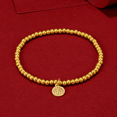轻奢黄金色福牌手链女圆珠弹力绳手串3D硬金福字吊坠首饰送礼