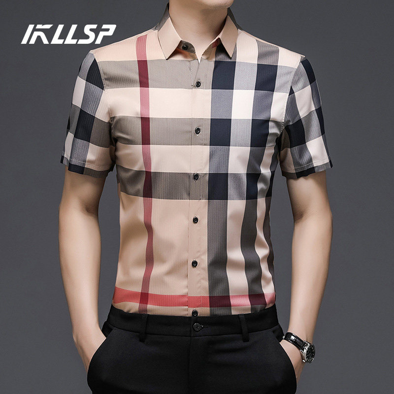 European station summer new 2022 casual plaid shirt men's striped formal dress light luxury high-end short-sleeved inch shirt