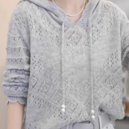 French Gray Cut Out Thin Knitted Hoodie for Women 2025 Spring and Summer New Loose and Versatile Long-Sleeved Top
