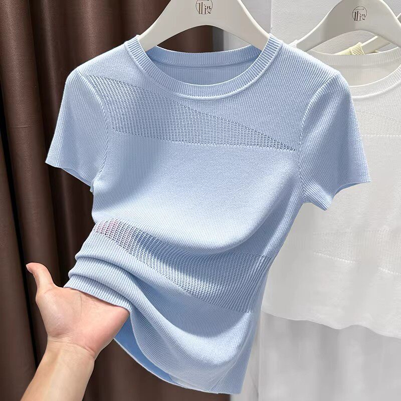 Gentle Blue Knitted Hollow-Out Top for Women, 2026 Summer Hot Style, Chic Slim-Fit Round Neck T-Shirt Base Layer