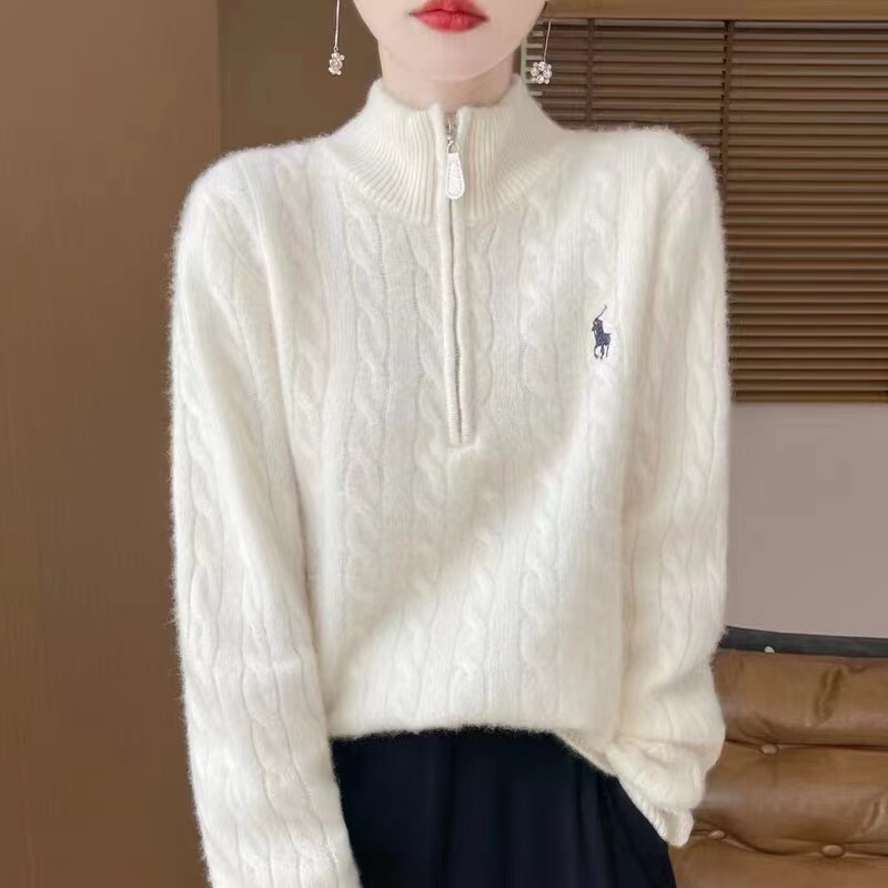 Half-Zip Knitted Cardigan with Cable Knit, High Collar, Embroidered Polo Shirt, Outerwear, Long-Sleeved, Slimming Sweater for Autumn and Winter