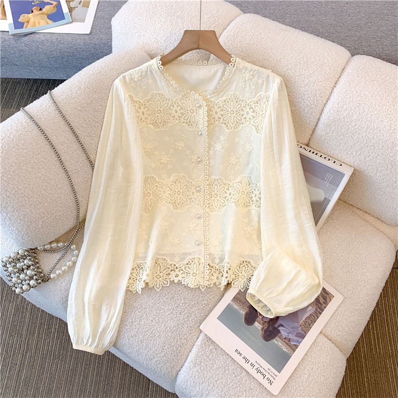 Высококачественная шифоновая рубашка из французского кружева с длинными рукавами, женская весенняя рубашка большого размера fat mm, уникальный красивый маленький топ-рубашка