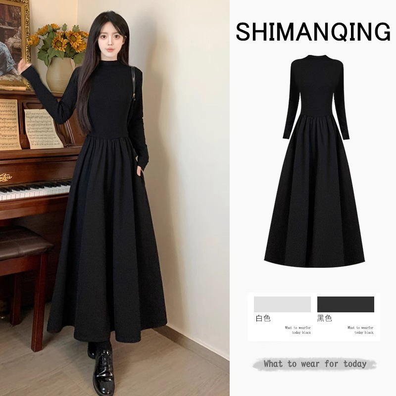 Plus-Size Women's Spring and Autumn French Hepburn-Style Black Knitted Long Dress, Slimming and High-End Feel, Inner Layering Dress