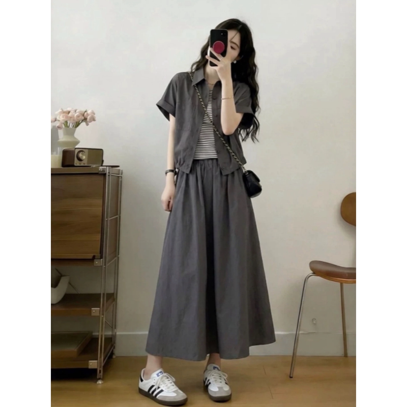 Super Slimming Salt-Style Gray Suit Dress Summer Outfit, a Complete Set of Plus-Size Women's Clothing, Elegant and Age-Reducing Two-Piece Set for Chubby Women Super Slimming Salt-Style Gray Suit Dress Summer Outfit, a Complete Set of Plus-Size Women's Clothing, Elegant and Age-Reducing Two-Piece Set for Chubby Women