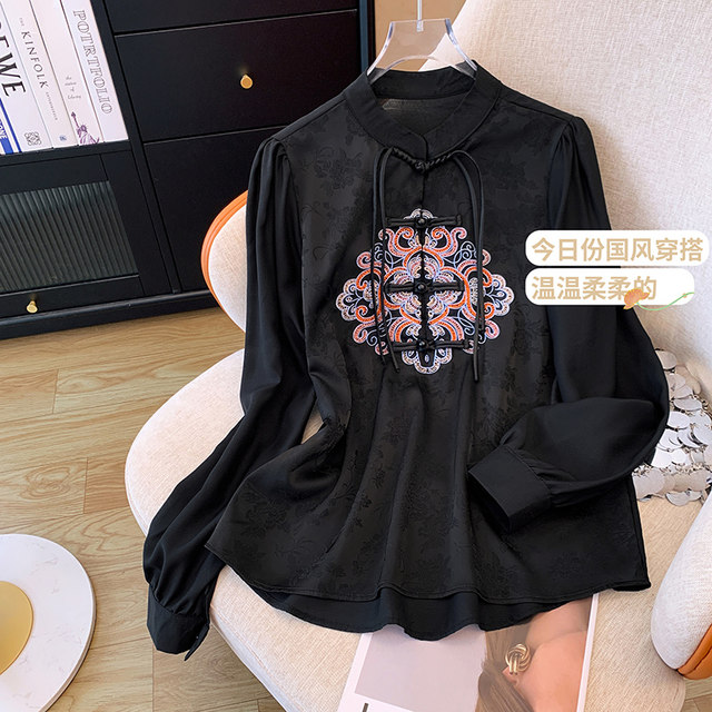 Large size new Chinese style disc button embroidered chiffon shirt for women in spring fat mm belly-covering high-end chic top