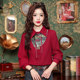 Plus size women's new Chinese style red button embroidered shirt early spring top for fat girls with horse skirt