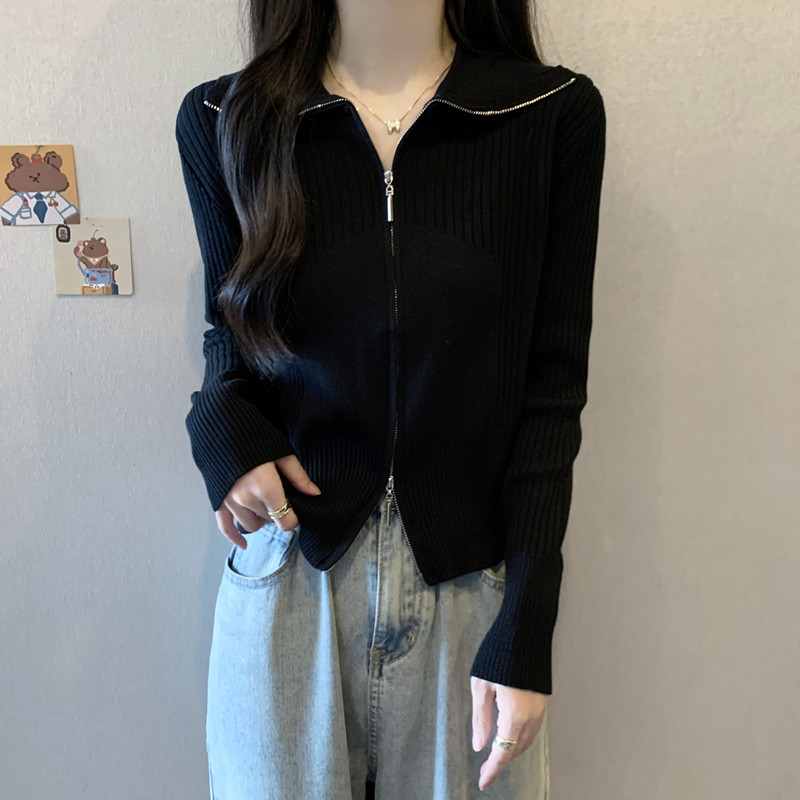 High-End Black Sweater Base Layer for Women, Suitable for Layering, 2026 Autumn and Winter, Plus Size, Double Zipper Knit Cardigan Top