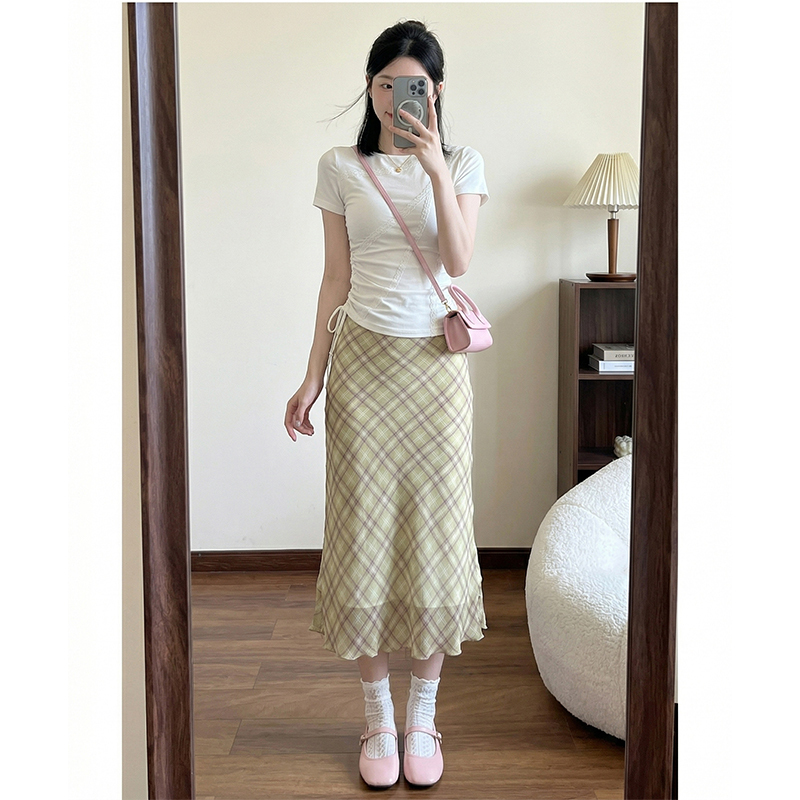 Plus-Size Women's Chiffon Plaid Mesh Skirt, Summer Thin Style, Mid-Length Fishtail A-Line Bodycon Skirt