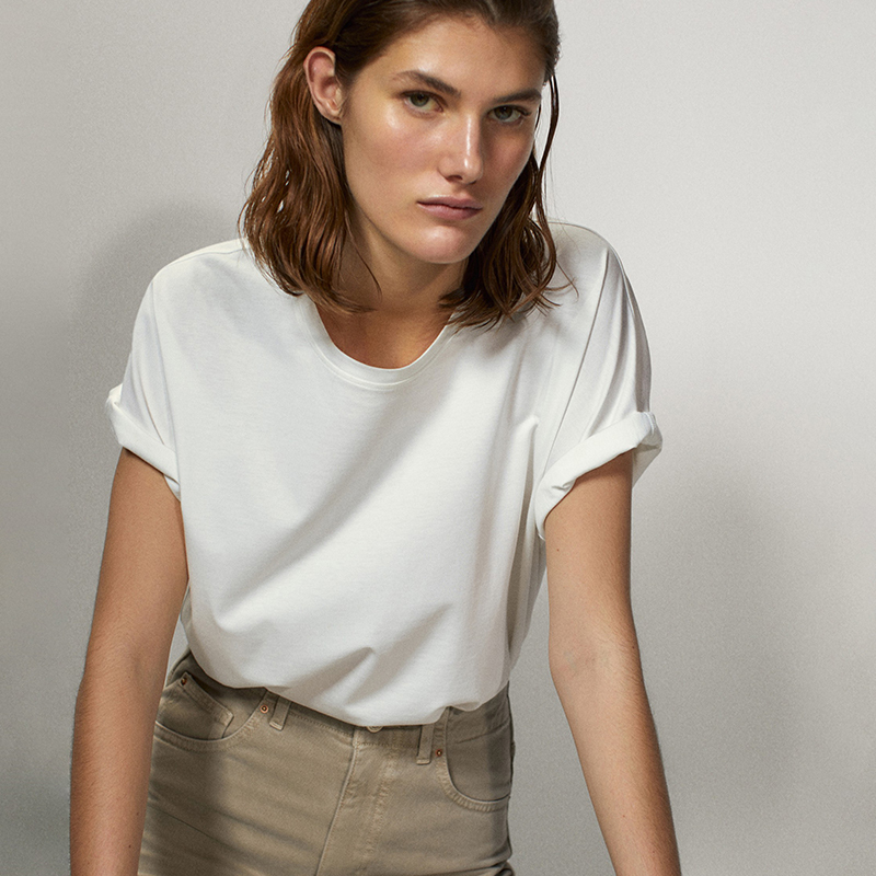 In-Stock High-End Spanish Minimalist Cotton Pure White Women's Short-Sleeve T-Shirt, Loose Round Neck, Inner Wear, Mercerized Cotton Base Shirt