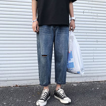 Ripped jeans mens trendy brand net red summer pants shake nine points straight loose loose sense wide-legged dad Hong Kong style