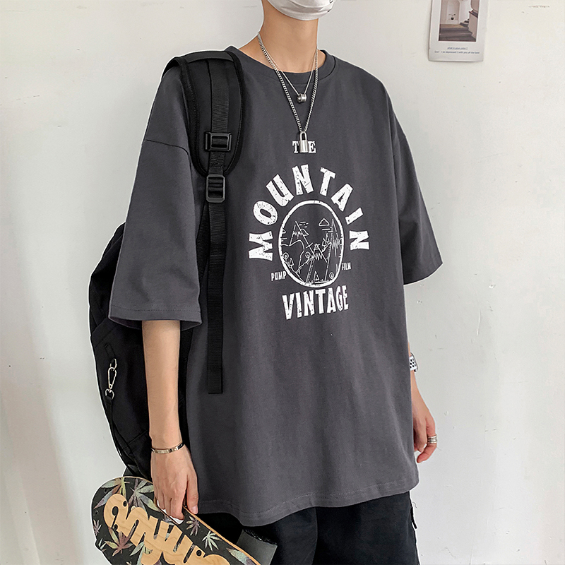 Short-sleeved T-shirt Men's Tide Brand Fashion Cotton Clothes Hong Kong Wind Half-Sleeve Teenagers ins Loose Top Backing Shirt T-shirt