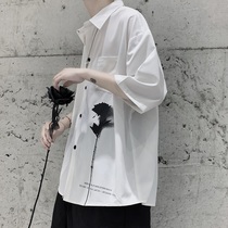 Shirt mens short sleeves Korean trend summer white shirt seven-point sleeve middle sleeve jacket loose harbor style Japanese Ice Silk