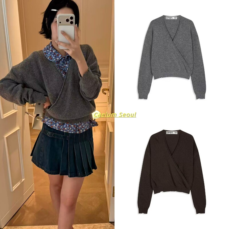 Korean Brand Open Yy 26 Early Autumn New Style Cross-Wrap Loose Casual V-Neck Long-Sleeve Knit Sweater
