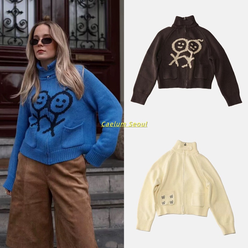 Domestic  Urban Sophistication Women's Stick Figure Embroidered Zipper Knit Cardigan Sweater