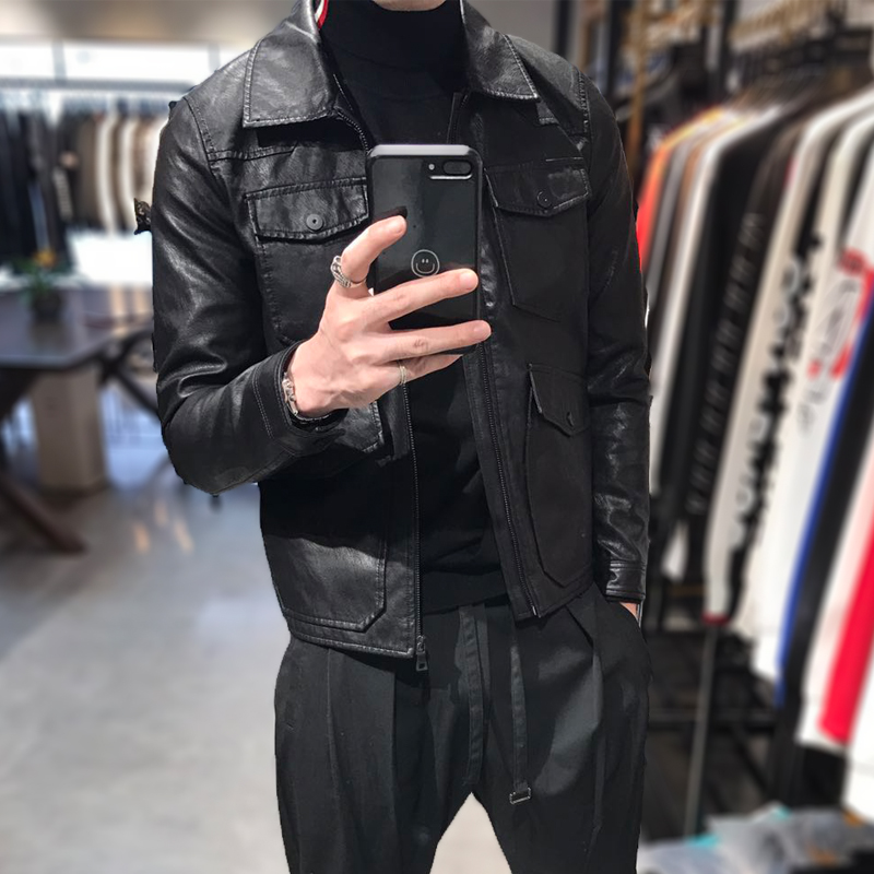 Men's leather clothes male and cotton thickened with a Han version Tidal Handsome Gas Leather Jacket Jacket Locomotive Overturning Winter Short PU