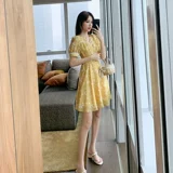 Платье, ретро юбка, приталенный желтый шифоновый корсет, в цветочек, коллекция 2021, французский стиль, подходит для подростков