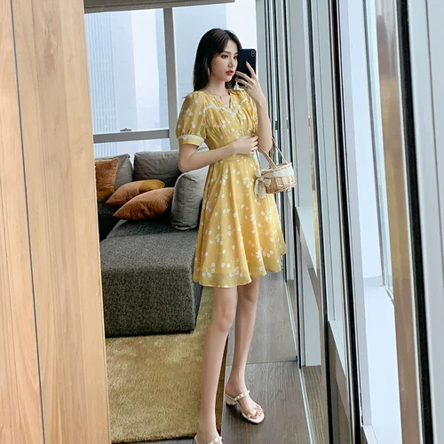 Платье, ретро юбка, приталенный желтый шифоновый корсет, в цветочек, коллекция 2021, французский стиль, подходит для подростков