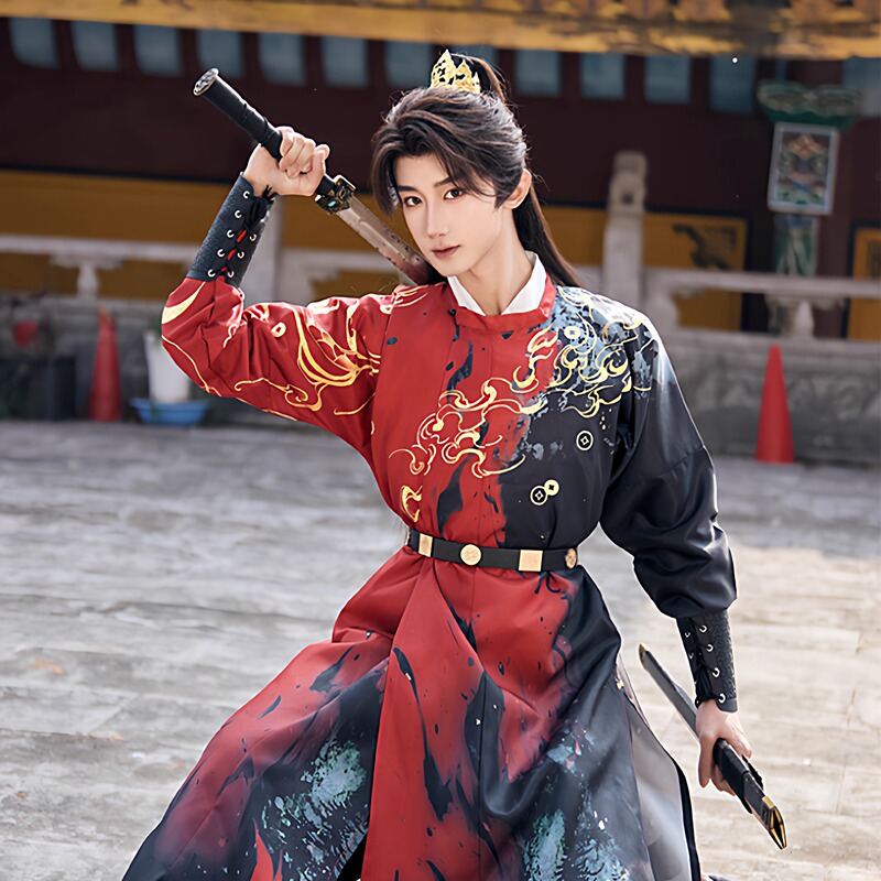 Traditional Men's Tang-Style Round-Neck Robe Hanfu Chinese Style Everyday Printed Spring and Autumn Unisex Student Class Uniform Handsome Swordsman