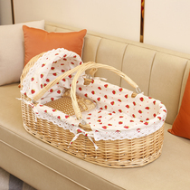 Cradle Baby Basket Portable Car Tote Rattan Wicker Sleeping Basket Baby Blue Ribbon Roller