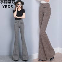 Houndstooth pants womens 2021 spring and summer new high-waisted elastic large size micro-trumpet trousers drop sense thin flared pants