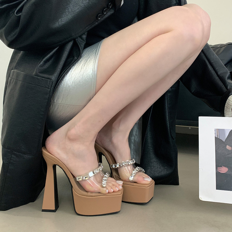 Zhao Lusi's Same Style Shoes, 15cm Ultra-High Heels, Thick-Soled Sandals for Women, Rhinestone Runway Model Stage Show