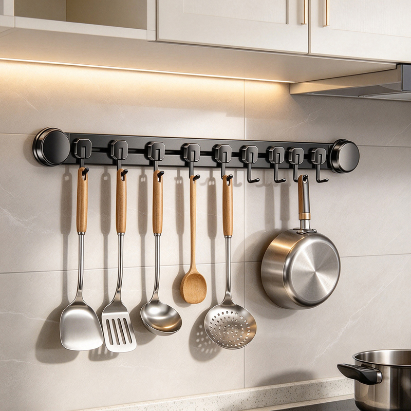 Suction Cup Kitchen Hook Rack for Hanging Spatulas and Spoons, No-Drill Adhesive Hook Rod, Wall-Mounted Storage Rack Suction Cup Kitchen Hook Rack for Hanging Spatulas and Spoons, No-Drill Adhesive Hook Rod, Wall-Mounted Storage Rack