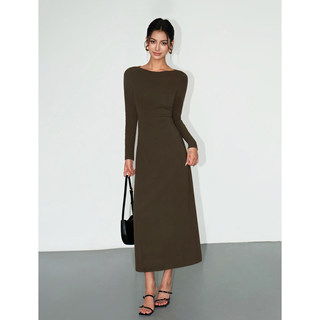 NEVA HU 黑色长袖修身连衣裙女法式高级感一字肩气质收腰打底长裙