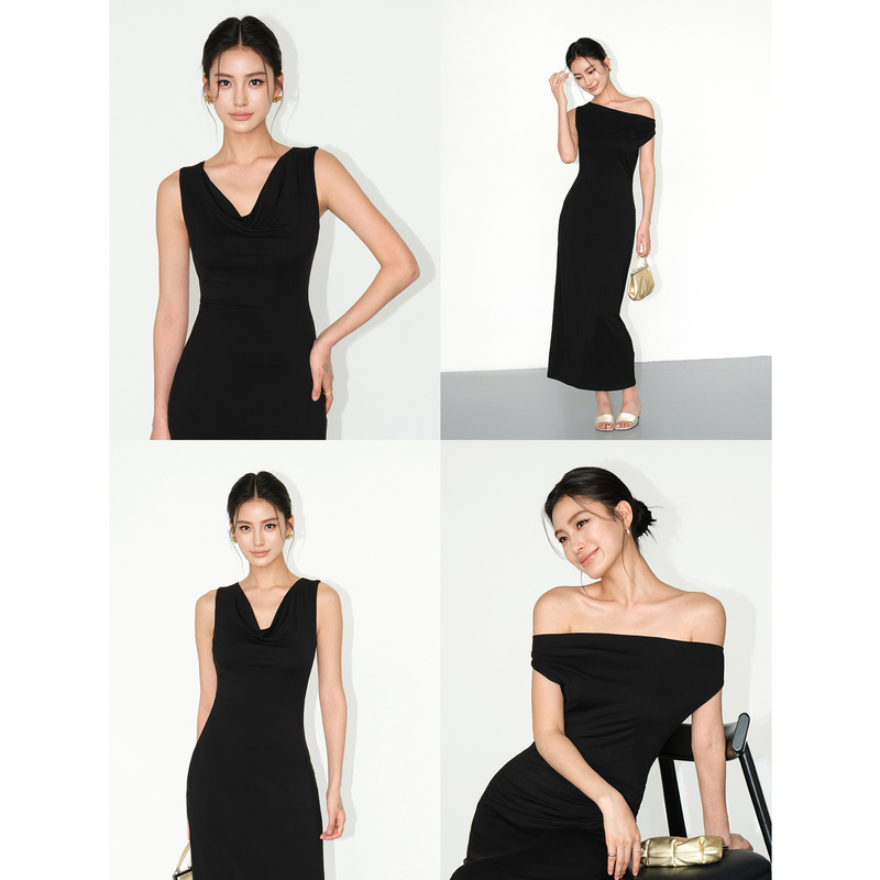Neva Hu Two-Way Wear Off-Shoulder Swing Collar Dress for Women, Vintage Elegant Sleeveless Tank Dress with Back Slit