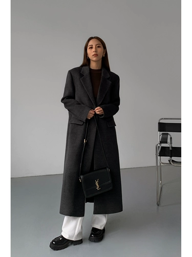 Черное длинное шерстяное пальто, костюм, средней длины, оверсайз, свободный крой