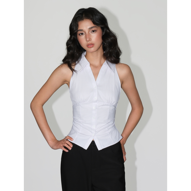 Neva Hu High-Quality Striped Polo Collar Sleeveless Shirt for Women, Slim-Fit Waist Design, Stylish Top Neva Hu High-Quality Striped Polo Collar Sleeveless Shirt for Women, Slim-Fit Waist Design, Stylish Top