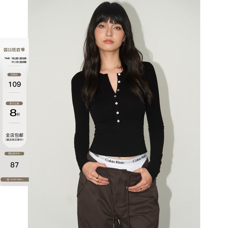 Neva Hu Black Henley Neck Knit T-Shirt for Women, Slim Fit Small V-Neck Long Sleeve Inner Layering Top, Elegant Blouse