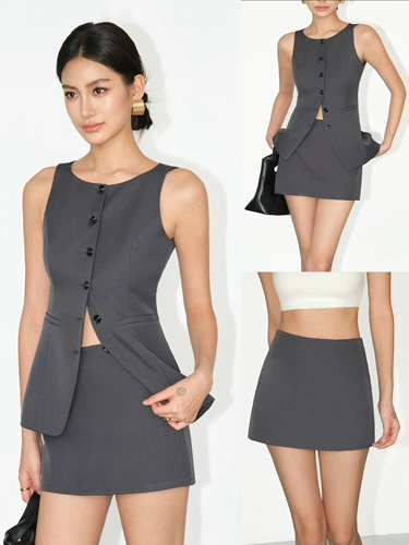 Пиджак классического кроя, жилет, майка топ, юбка, комплект, с акцентом на бедрах, яркий броский стиль