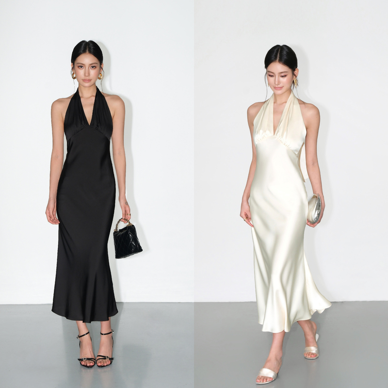 Neva Hu High-End Satin V-Neck Halter Dress for Women, Black French Style Backless Sleeveless Elegant Tank Dress