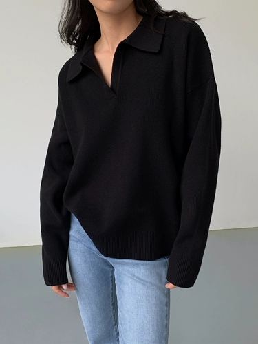 Черный трикотажный свитер, воротник поло, осенний, в корейском стиле