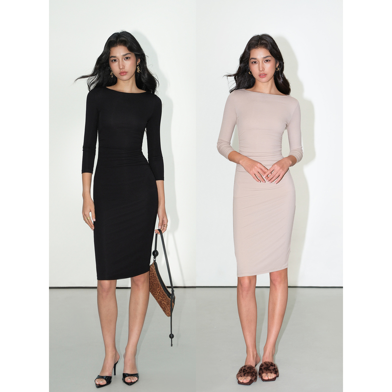 Neva Hu Sensual Muse Minimalist Elegant Nine-Quarter Sleeve Dress for Women, Ruched Waist Slimming Knitted Bodycon Dress