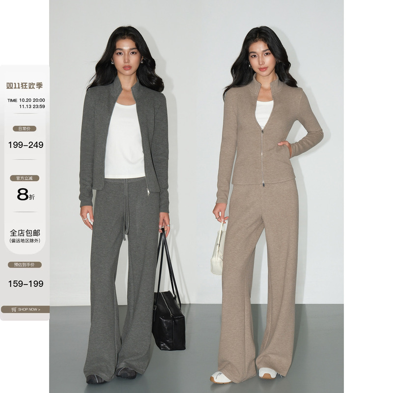 Neva Hu Daily Style Lazy Sweatshirt Set Stand Collar Zipper Knit Jacket Women's High Waist Drawstring Casual Sweatpants
