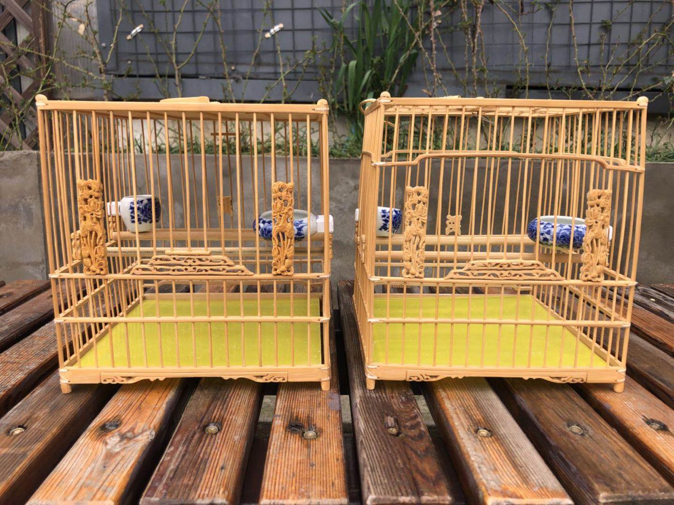 Embroidered six-tinted dark green miscellaneous bird bamboo flower-footed bird cage with food cylinder hook underfloor window flowers All-fit-in-one-board one-on-one.