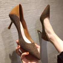 Gulvdinel Small Crowd-sharing ~ ~ French Feminine Fine Heel pointed High heel Shoe with shallow mouth woven cloth splicing 100 lap