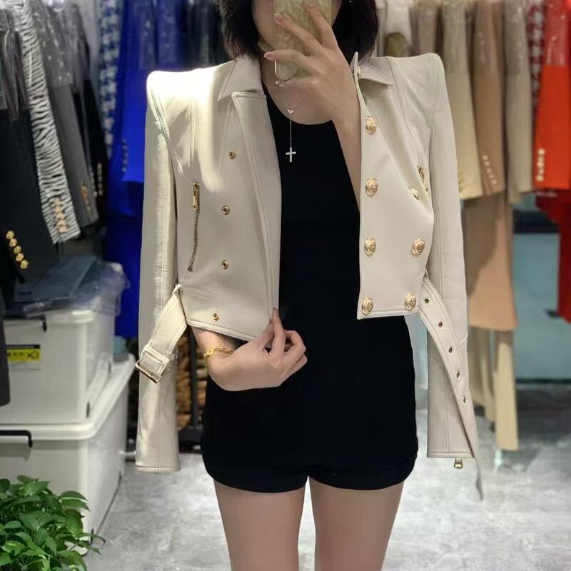 2025 Balmain Double-Breasted Pu Leather Designer Motorcycle Leather Jacket for Women