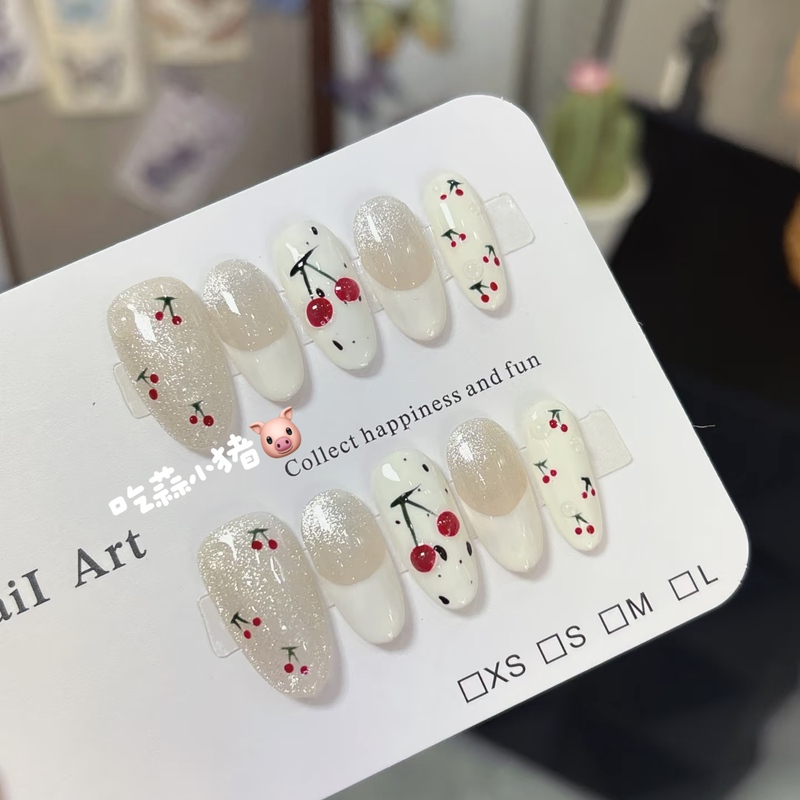 Handmade Nails (French Cherry) Cute 3D Hand-Painted Cherry Girl French Edge Off-White Student Nail Art