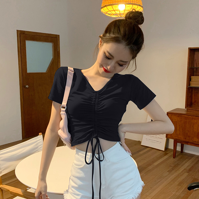 Black High-Waisted V-Neck Short Crop Top with Exposed Navel, Short-Sleeved T-Shirt for Women, 2026 New Summer Style, Petite, Sexy, Drawstring Ruched Top