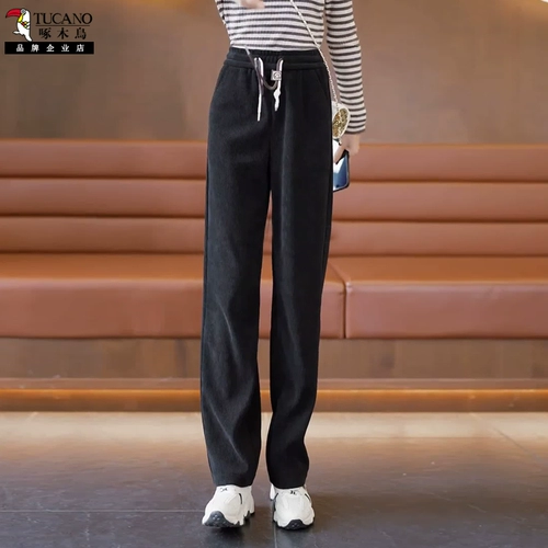 Демисезонные бархатные штаны, повседневные брюки, эластичная талия, свободный прямой крой, по фигуре, на шнурках