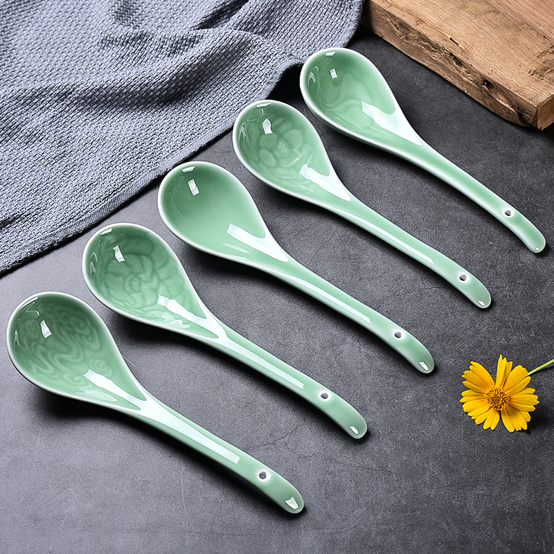 Ceramic large spoon long handle spoon Longquan celadon Chinese household noodles spoon big spoon hotel spoon