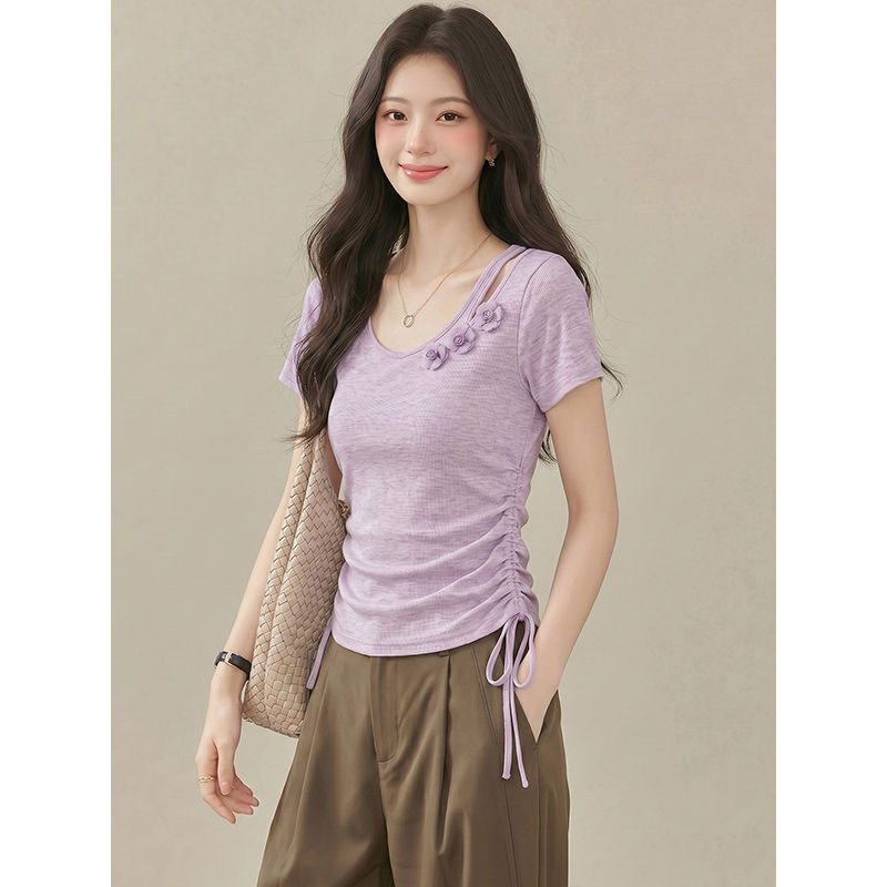 Gentle and Elegant Short-Sleeved T-Shirt for Women with a Unique Shoulder Design, Slim Fit, Drawstring, Stunning Purple Top for Summer