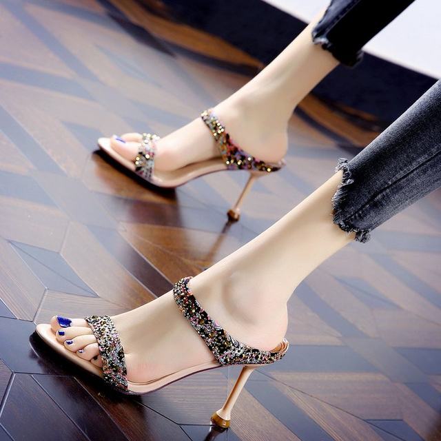 Slippers Feminine Rhinestone One and a Half Slippers 2024 Summer New Fashion Versatile Open Toe Stiletto High Heel Sandals