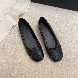 French Style Flats Shoes for Women 2025 New Style Genuine Leather Shallow Mouth Soft Sole Work Shoes Retro Work and Work Clothing Black Shoes