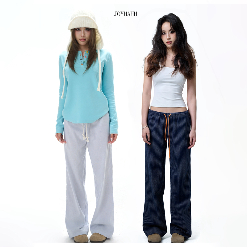 Joyhahh - Striped Narrow-Fit Low-Waist Cotton Straight-Leg Pants, Casual Versatile Long Pants for Women, Autumn Drawstring Loose Fit