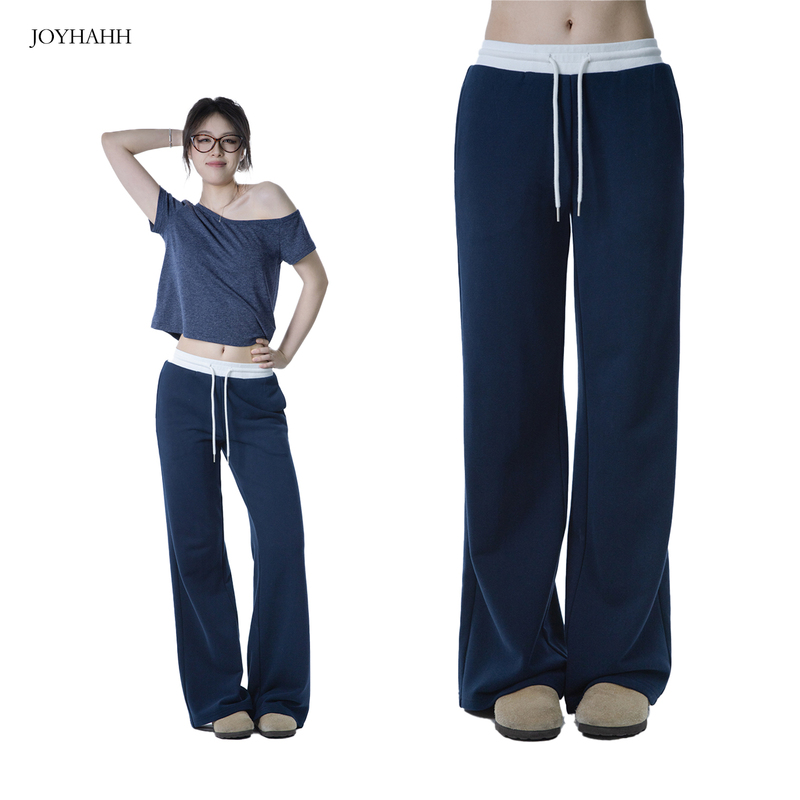 Joyhahh-American Style Contrast Color Waistband Straight-Leg Sweatpants for Women, Summer, Navy Blue, Versatile, Loose-Fitting, Sports Casual Pants